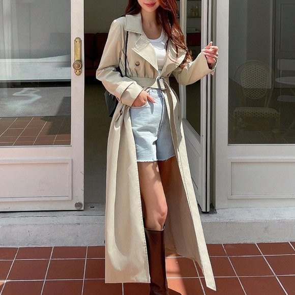 Khaki Elegant Womens Double Breasted Belted Trench Coat - Picture 5 of 5